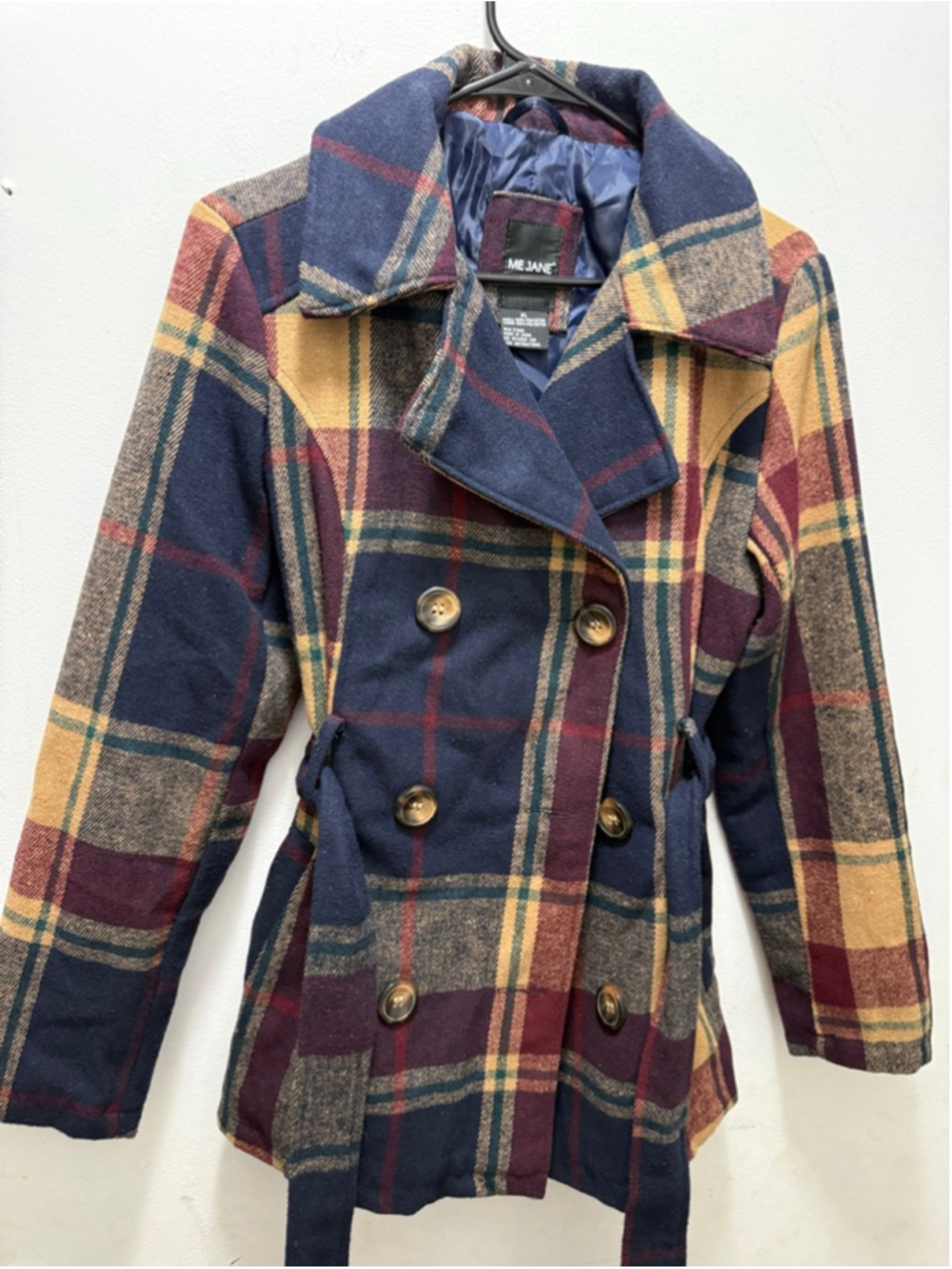 Women's ME JANE Plaid Double-Breasted Coat XL Navy Red